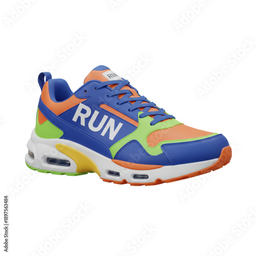 Modern colorful 3D running sneaker with RUN text athletic shoe illustration on white