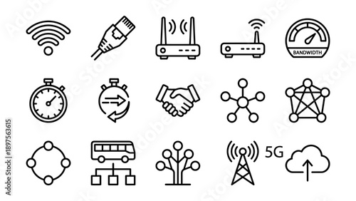 Set of 15 network and connectivity line icons featuring WiFi, ethernet cable, router, modem, bandwidth gauge, latency, handshake connection, network topologies, 5G tower, and cloud upload.