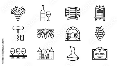 Set of 12 Minimalist Wine and Winery Line Icons Featuring Grapes, Bottle, Glass, Barrel, Press, Corkscrew, Vineyard, Cellar, Tasting Flight, Chateau, Decanter, and Sign for Professional Branding