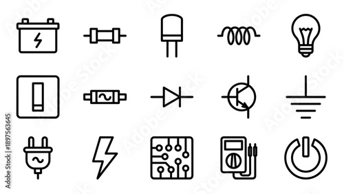 Comprehensive Set of 15 Electricity and Electronic Circuit Line Icons with Minimalist Vector Style, Including Battery, Bulb, Resistor, Diode, Transistor, Fuse, Multimeter, and Power Symbols.
