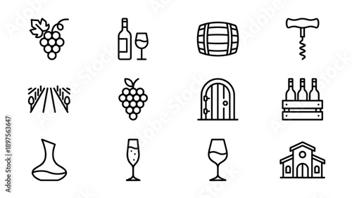 Set of 12 Minimalist Wine and Winery Line Icons Featuring Grapes, Bottles, Glasses, Barrels, Corkscrews, Vineyards, and Cellars for Elegant Branding, Menu Design, and Viticulture Graphic Projects.