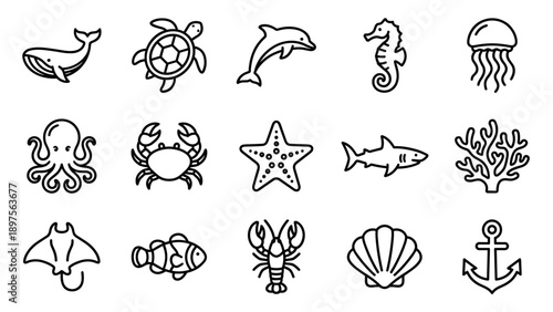 Set of 15 Minimalist Marine Life and Ocean Animal Line Icons Featuring Whale, Turtle, Dolphin, Seahorse, Jellyfish, Octopus, Crab, Starfish, Shark, Coral, Stingray, Clownfish, Lobster, and Anchor.