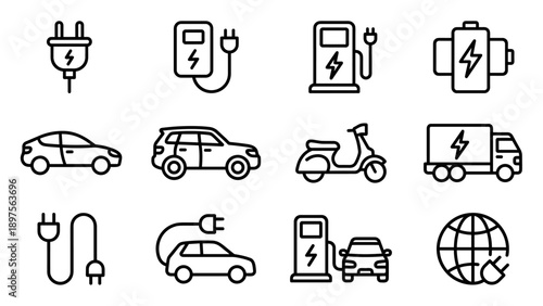 Collection of 12 minimalist electric vehicle and charging station line icons including EV cars, trucks, scooters, batteries, and plugs for sustainable green energy transport and ecology.
