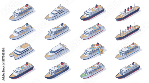 Isometric Vector Icon Set of Modern Cruise Ships and Luxury Ocean Liners; 3D Collection of Maritime Vessels, Passenger Boats, and Yachts for Travel and Vacation Design on White Background.