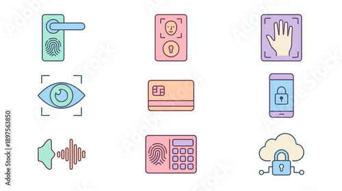 Vector Icon Set of Smart Door Lock and Biometric Security Systems in Flat Design with Pastel Color Palette Featuring Fingerprint Scanner, Face Recognition, Iris Scan, and Cloud Security Icons.