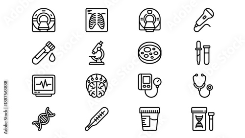 Medical Diagnostic Line Icon Set Featuring 16 Vector Icons for Healthcare, MRI, X-ray, Blood Test, DNA, Microscope, ECG, Stethoscope, and Laboratory Equipment for Clinical Analysis and Research.