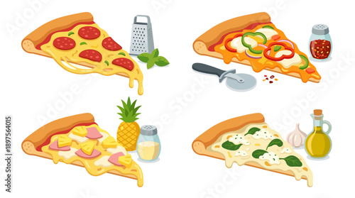 Set of four vibrant pizza slice illustrations with melting cheese, featuring pepperoni, veggie, Hawaiian, and white pizza varieties with ingredients like olive oil, pineapple, and garlic.