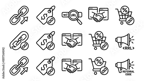 Set of affiliate marketing and referral link line icons featuring chain links, price tags, handshake partnerships, shopping carts with discounts, URL search, and megaphone referral code symbols.