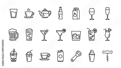 Minimalist Beverage and Cocktail Line Icon Set Featuring Coffee, Tea, Beer, Wine, Soda, Juice, Bubble Tea, and Bar Tools like Shaker and Corkscrew. Perfect for Menu Design and App Interfaces.