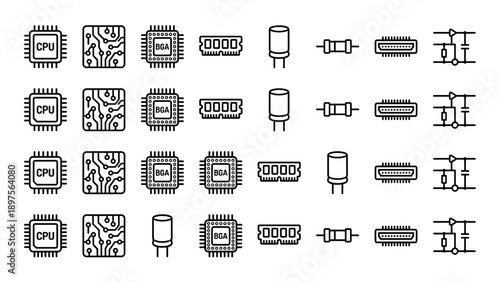 Minimalist Vector Set of Electronic Component Line Icons Featuring CPU Processors, Integrated Circuits, BGA Microchips, RAM Memory Modules, Capacitors, Resistors, and Circuit Board Diagrams.