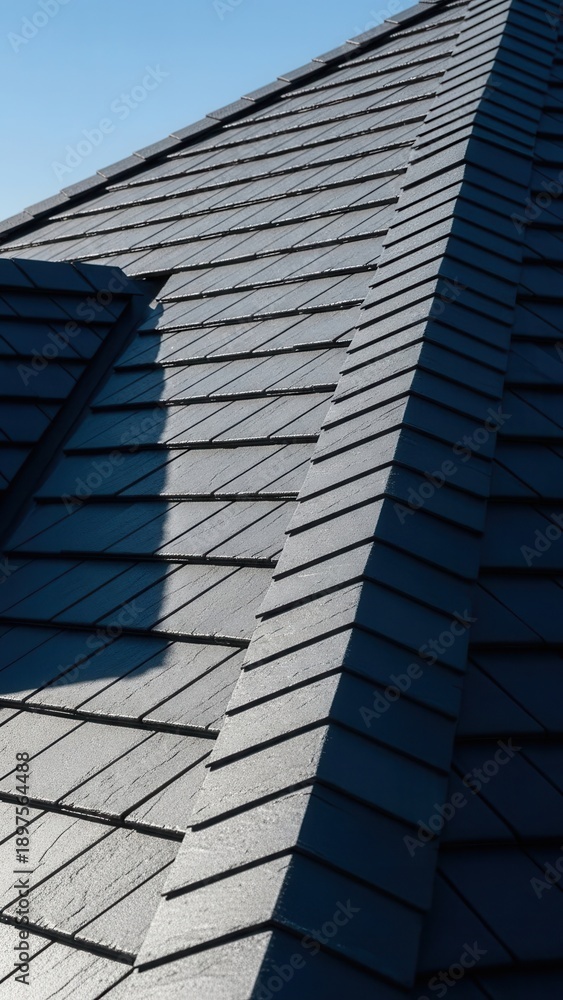 Obraz premium Modern Dark Slate Roof Texture With Crisp Shadows and Blue Sky