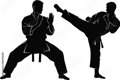 Black silhouettes of martial artists in karate uniforms performing defensive stance and high kick isolated on white background for sports design