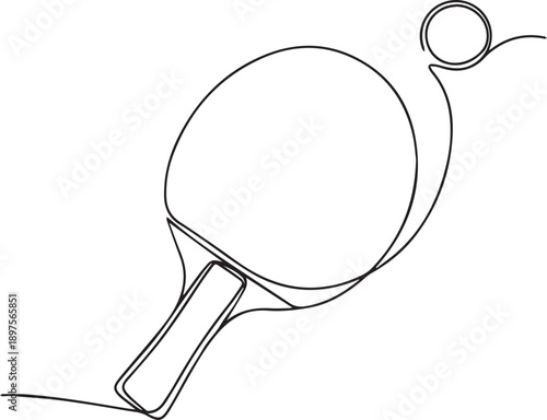 Minimalist line drawing of a table tennis paddle and ball