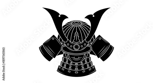Traditional Samurai Helmet Illustration Black and White.