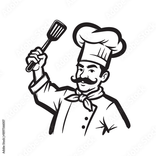 Professional chef mascot with mustache holding a spatula wearing traditional uniform in black and white line art