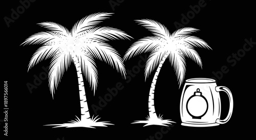 Tropical Christmas Beer Mug and Palm Trees Illustration.