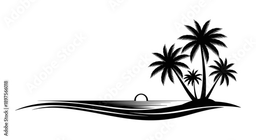 Tropical Island Palm Trees Sunset Ocean Waves Silhouette.