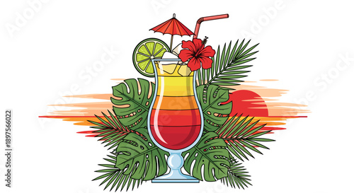 Tropical Cocktail with Exotic Garnishes and Sunset Background.