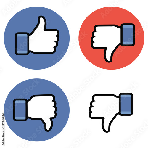 Four rating icons set featuring thumbs up like and thumbs down dislike symbols in contrasting circular backgrounds