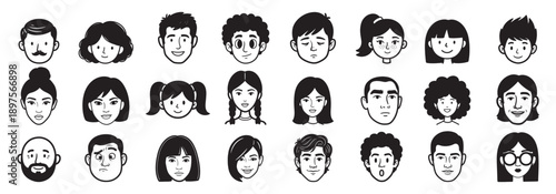 24 cute characters faces avatars doodle icons set hand drawn people,  head outline collection vector illustration