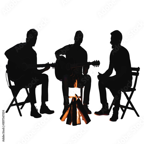 People around campfire silhouette playing guitars singing songs in night outdoor scene three friends sitting on chairs enjoying summer evening nature activities wood fire music performance