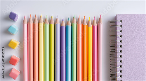 Colorful assortment of pencils arranged neatly beside pastel chalk cubes and a spiral notebook, creating an inviting workspace for artistic creativity and inspiration