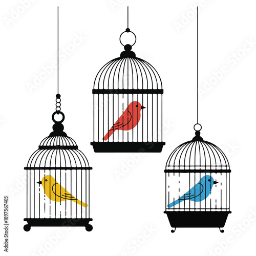 three bird cages with colorful birds inside, symbolizing freedom and confinement, decorative vintage style cages on transparent background, aviary
