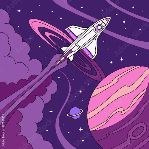 A futuristic spaceship soars through the cosmos, passing a large, purple planet, creating a vibrant, digital illustration of space exploration.