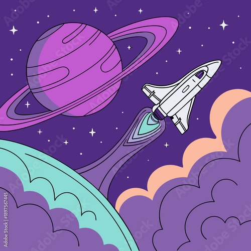 A futuristic spaceship soars through the cosmos, passing a large, purple planet, creating a vibrant, digital illustration of space exploration.