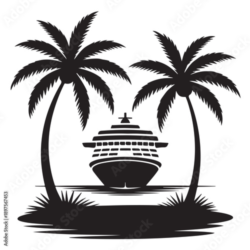 Tropical island cruise vacation black vector silhouette design luxury travel ocean liner between palm trees summer holiday destination exotic beach landscape illustration