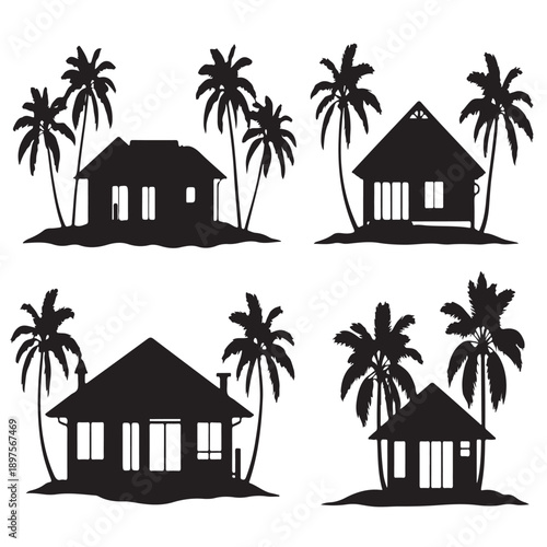 Tropical beach houses and palm trees black silhouette vector set remote island vacation bungalows exotic resort accommodation simple vector graphic collection summer travel concept