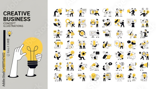 Creative concept vector illustrations showing design, art, and idea generation. Includes teamwork
