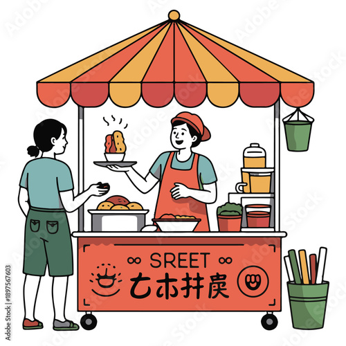 Vibrant illustration street vendor serving delicious cooked food from mobile cart customer purchase happening under canopy bright day