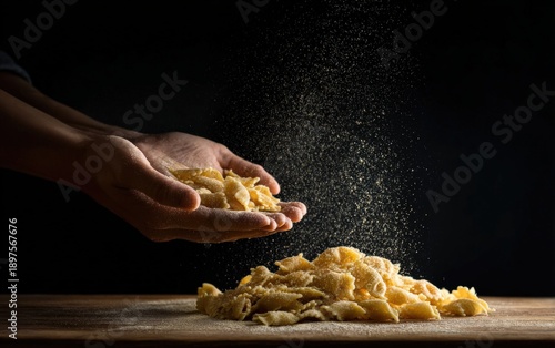 Two hands hold a bunch of fresh pasta as flour dust flies in the air.