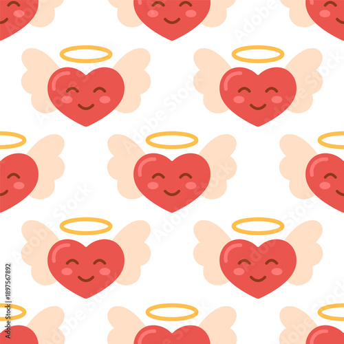 Seamless pattern with cute smiling hearts with wings and halo, angel love illustration. For Valentine design, romantic decor, gifts, wrapping paper, textiles, stationery, social graphics. Flat vector.