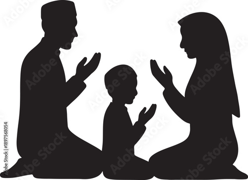 Silhouette of a muslim family praying together in devotion