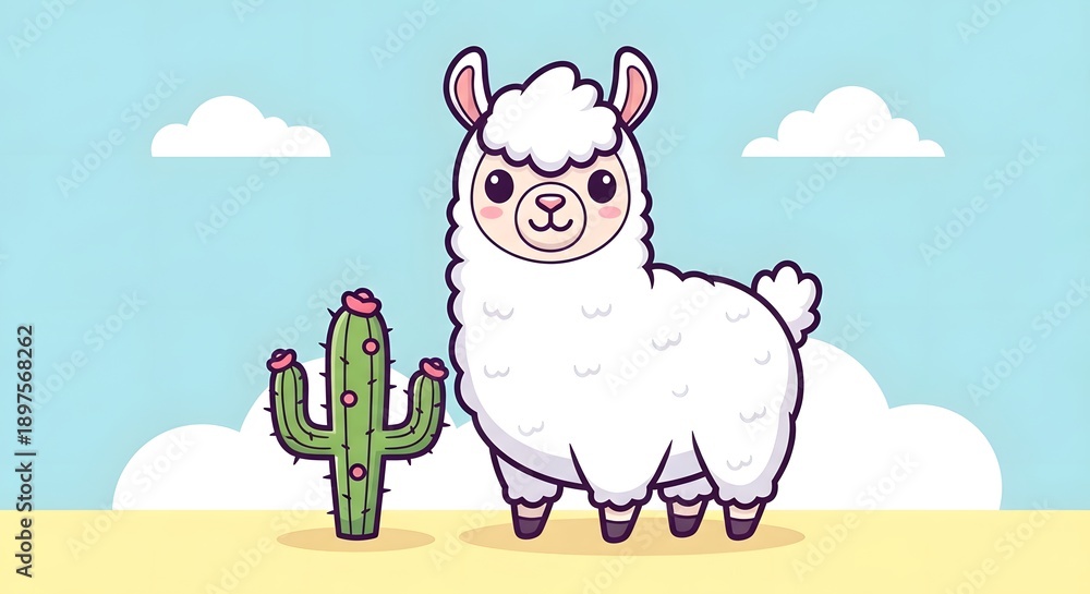 Naklejka premium Cute Cartoon Llama and Cactus Desert Background Vector Art