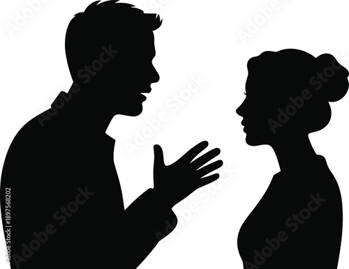 Man and woman arguing silhouettes facing each other isolated on white background for relationship conflict, communication problem, psychology concept, minimal vector illustration