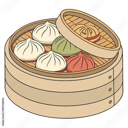 A bamboo steamer basket filled with various dumplings and buns