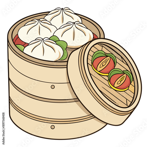A bamboo steamer basket filled with various dumplings and buns