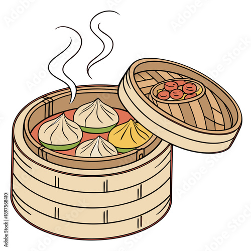 A bamboo steamer basket filled with various dumplings and buns