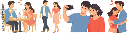 Valentine Day Couple Activity Modern Flat 2D Vector Illustration, Romantic Coffee Date, Romantic Couple Walking Together, Romantic Couple Exchanging Gifts, Couple Hugging, Couple Taking Selfie