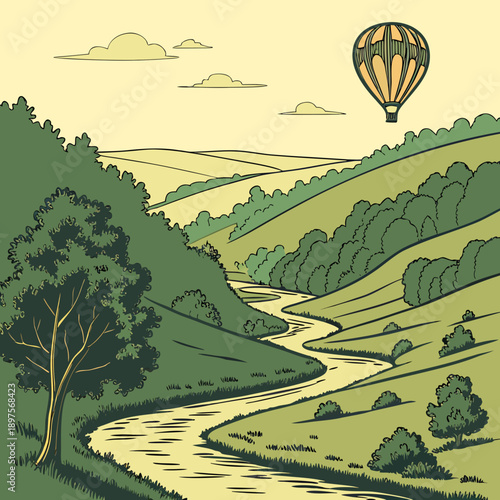 Scenic valley landscape with river and hot air balloon.