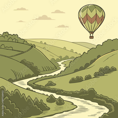 Scenic valley landscape with river and hot air balloon.