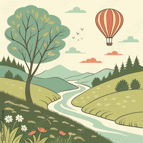 Scenic valley landscape with river and hot air balloon.