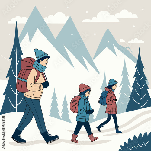 Family hiking in snowy mountains with backpacks and winter gear.