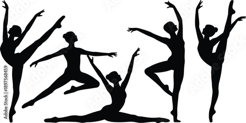 Set of ballet dancer silhouettes in elegant poses isolated on white background for dance performance, artistic movement, minimal vector illustration design
