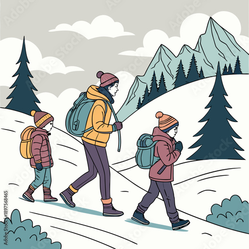 Family hiking in snowy mountains with backpacks and winter gear.