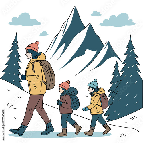 Family hiking in snowy mountains with backpacks and winter gear.