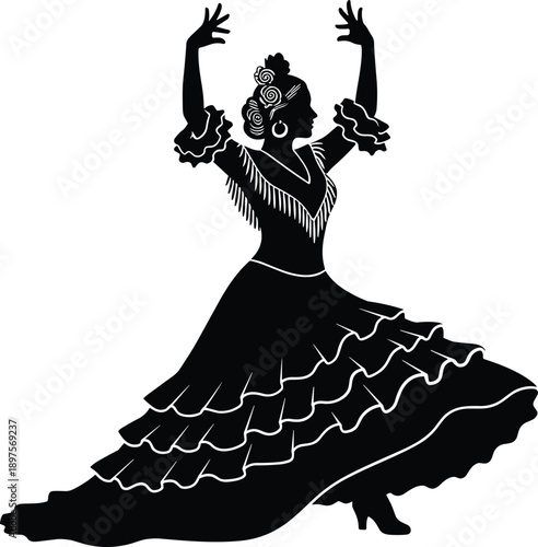 Flamenco dancer silhouette illustration, Spanish traditional dance pose, cultural performance concept, elegant female dancer, black and white vector art